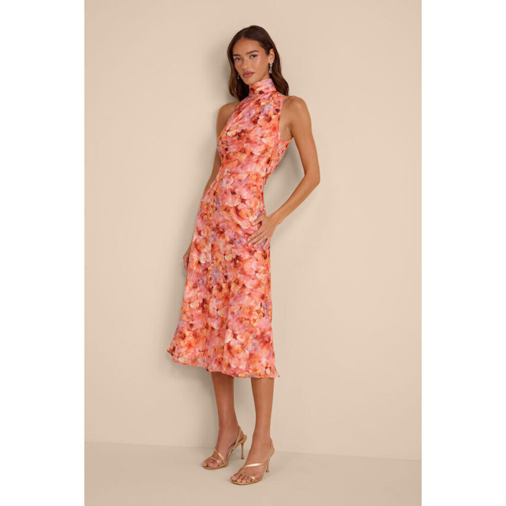 Lulus Ivanna Orange Multi Floral Jacquard Midi Dress - Size L
